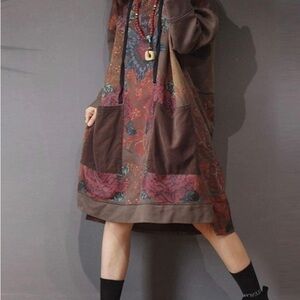 Loose Ethnic Floral Hoodie Sweatshirt Dress
